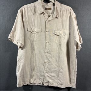 men linen blend shirt large tan golf outdoor coastal beach vacation camp